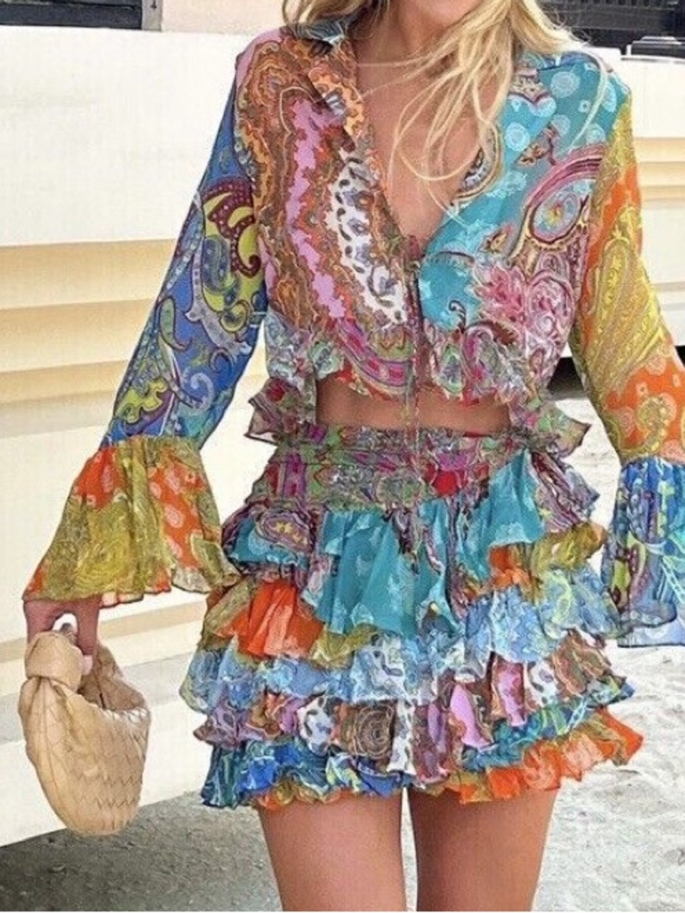 ZARA Colorful Paisley Patchwork Ruffle Mini Skirt, size medium - Picture 2 of 16
